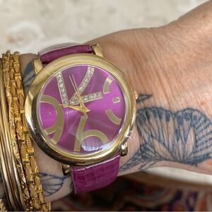 NEW! Crystal Embellished Purple & Gold Tone Stainless Steel Quartz Wristwatch